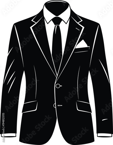 elegant black suit jacket with tie, formal business attire illustration, classic menswear fashion isolated on white background minimalist vector design