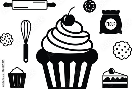 Baking icons set, cupcake, flour, rolling pin, whisk