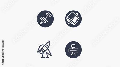 Four stylized icons representing a dumbbell, a document, a rocket ship and a table