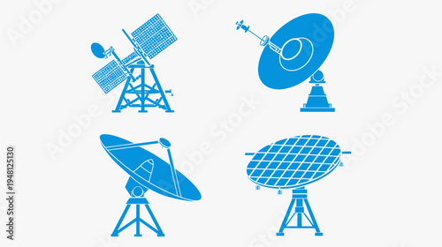 Four stylized illustrations of communication satellite dishes and antennas, in a bright blue color