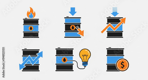 Oil Barrel Icons Illustrating Energy, Economy, and Industry Concepts.