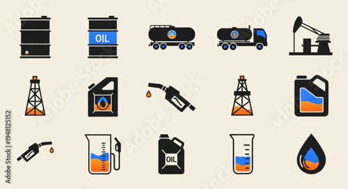 Oil Industry Icons - Barrels, Trucks, Rigs, and Fuel Cans.