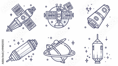 Collection of stylized space illustrations, featuring satellites, capsules, and orbital objects with stars