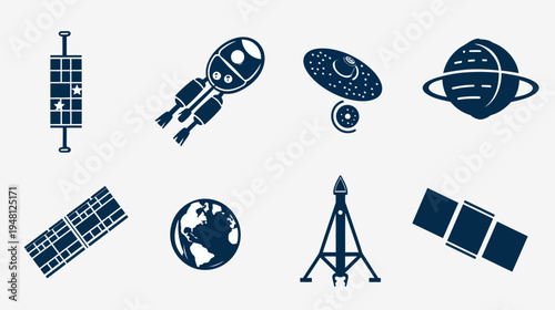 Several dark blue line art illustrations of space-related objects against a white background