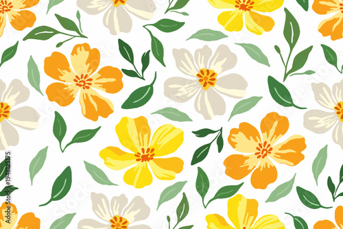 Fresh seamless floral pattern with yellow, orange, and cream blossoms with green leaves on a soft background, perfect for bright textiles and botanical designs.