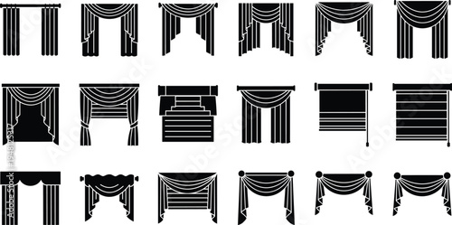 Curtain silhouette icons, window drape designs, interior decor artwork, home textile illustration, black white minimalist style, decorative treatment variety