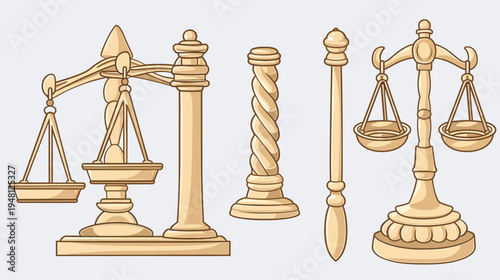 Illustration of several beige-toned scales and decorative pillars against a pale background