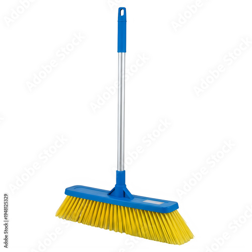 A blue and yellow push broom with a long handle
