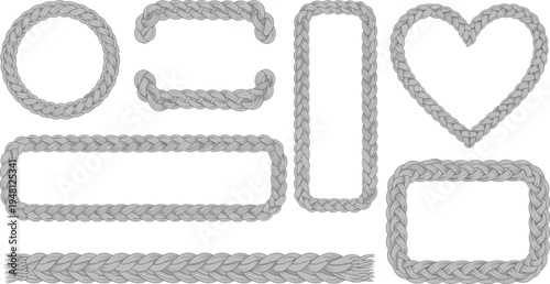 Braided rope frames collection, decorative knot borders, circular heart square shapes, nautical design elements, vintage rope vector illustration set