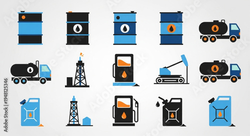 Oil and Gas Industry Icons - Barrels, Trucks, Rigs, and Fuel Cans.