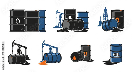 Oil Industry Illustrations - Barrels, Pumps, and Spills.