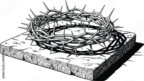 Crown of thorns on a stone slab, religious symbol of Jesus Christ, Good Friday, Easter, black and white vector illustration.