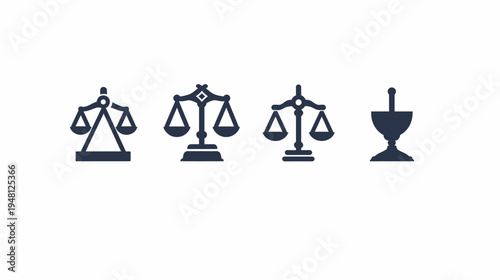 Four dark navy icons of symbols associated with justice scales and a cup/mortar