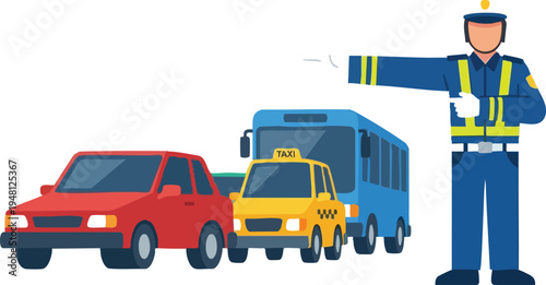 Traffic police officer directing cars and bus flat vector illustration