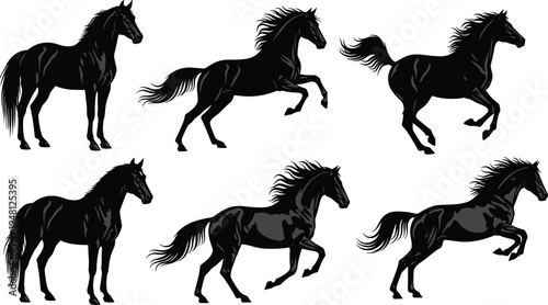 Black horse silhouettes collection, running and standing stallion vector illustrations isolated on white background for logo design