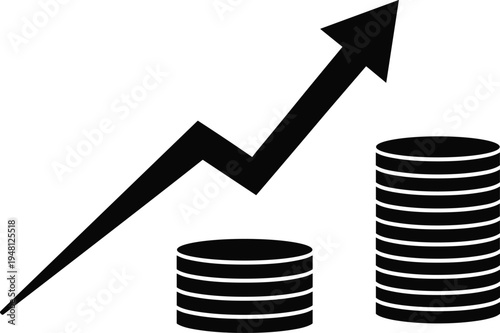 Financial growth graph with rising arrow and stacks of coins, investment success, profit increase, business economy vector illustration isolated.