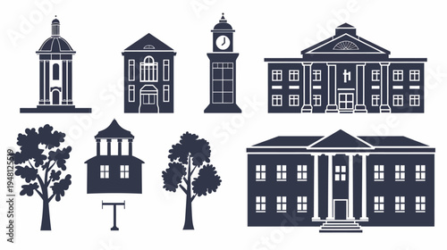 Black and white vector illustrations of buildings and trees, providing an architectural theme