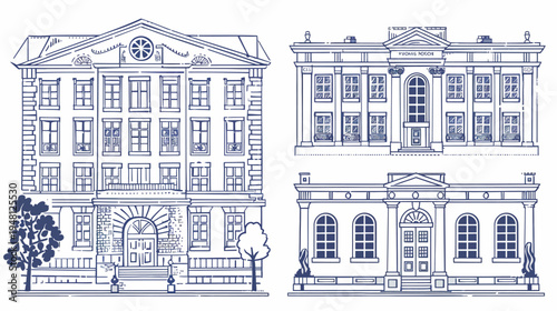 Four architectural illustrations in shades of blue with various building designs and details