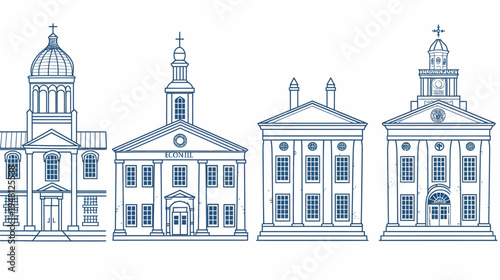 Four stylized building drawings, with domes, steeples, columns, and arched windows. Architectural art