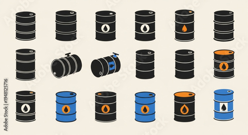 Collection of Oil Barrels in Various Styles and Colors.