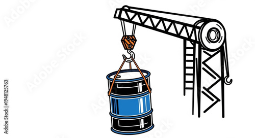 Crane Lifting a Blue Barrel - Industrial Lifting Equipment Illustration.