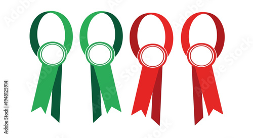 Set of four circular award ribbons featuring two green and two red designs for achievement honors