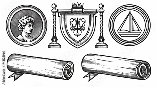 A collection of vintage-style graphic elements, including medallions, shields, scrolls, and decorative elements