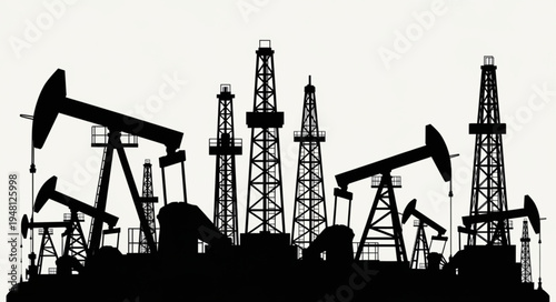 Silhouette of Oil Rigs and Pumpjacks at Dusk - Energy Industry.
