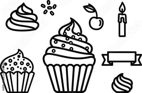 cupcake icons set with frosting cherry and candle
