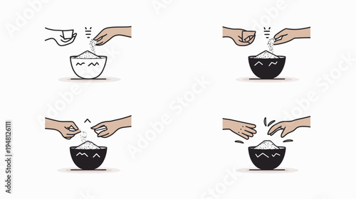 Sequence of illustrations showing the process of adding a dry ingredient to a bowl, step-by-step