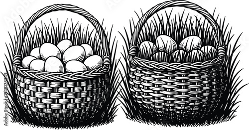 Hand drawn wicker baskets filled with eggs on grass rustic farm illustration vintage engraving style agriculture food concept black white