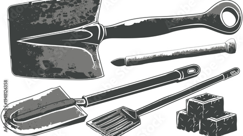 Black and white illustration of gardening tools shovels, dibber, and some square shapes