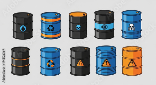 Collection of Barrels with Hazard Symbols for Industrial Waste.