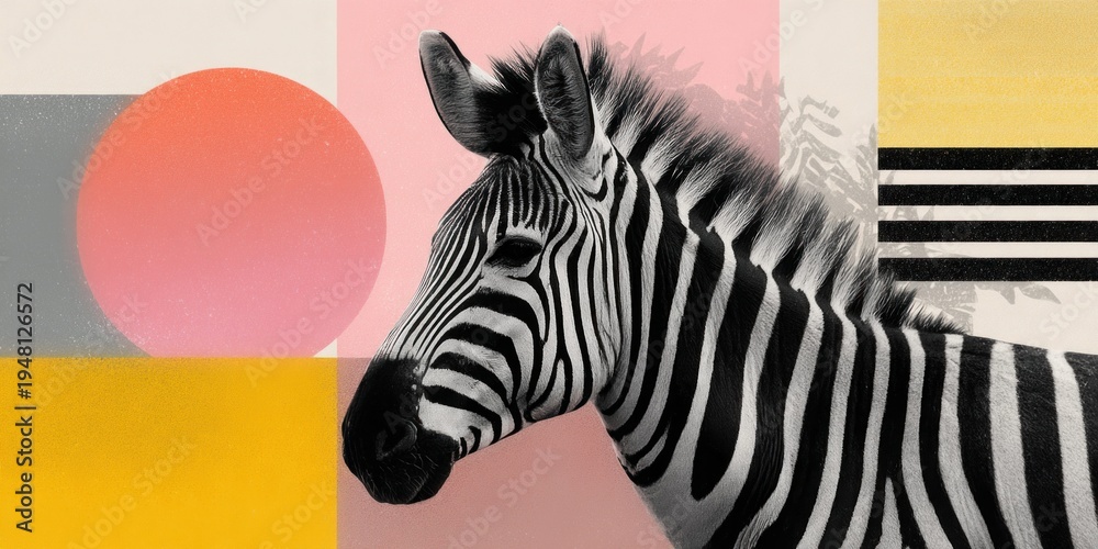 Fototapeta premium Abstract modern collage featuring a zebra head with geometric shapes and floral elements