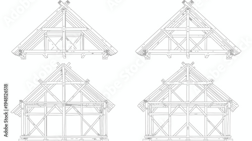 Architectural schematics showcasing various views of a timber-framed construction