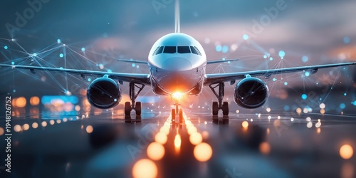 Modern airplane on runway with digital network overlay, symbolizing aviation technology