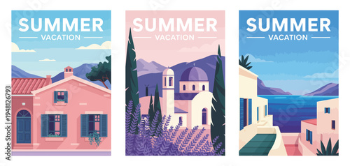 Summer Nature Landscape Poster, Cover and Card Set Featuring Sea View, Summer Fields, Houses, Mountains and Typography Design, European Holiday Vacation Travel Illustration Collection for Posters, Gre