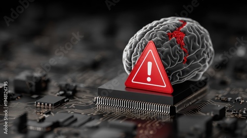 Conceptual image of a brain with a warning sign over a circuit board