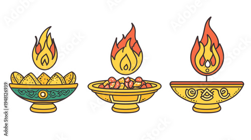 Three stylized, colorful illustrations of bowls with flames above. Designs are ornate. White background