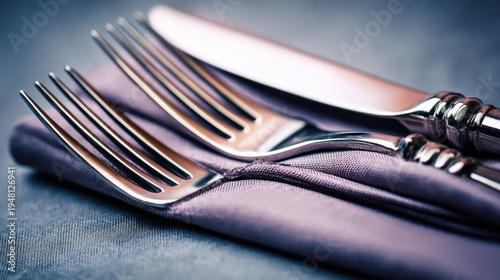 Close up of elegant silverware set on a folded purple napkin for dining