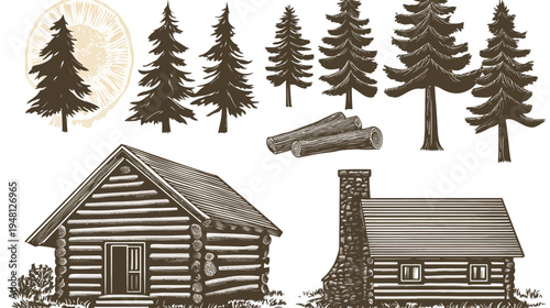 A rustic illustration featuring log cabins, pine trees, and logs, depicting a wilderness scene