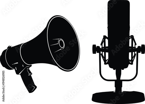 Megaphone and studio microphone silhouette, communication and broadcasting concept, public announcement, podcast recording equipment, media technology illustration isolated