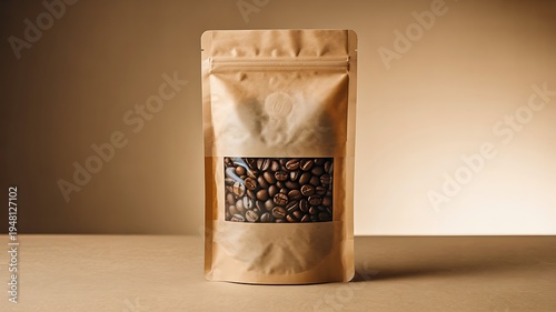 Brown paper coffee bag packaging with beans on clean background