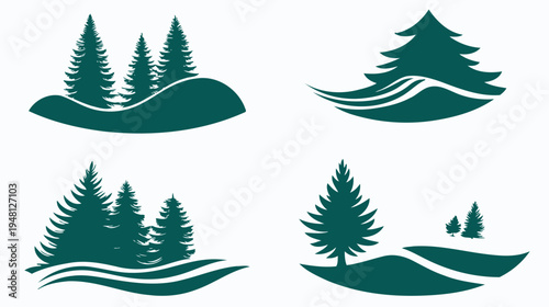 Four minimalist illustrations featuring green fir trees with hills and abstract shapes against a white backdrop