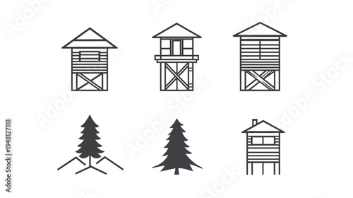 Black and white line art depicting various observation towers and evergreen trees on a white background