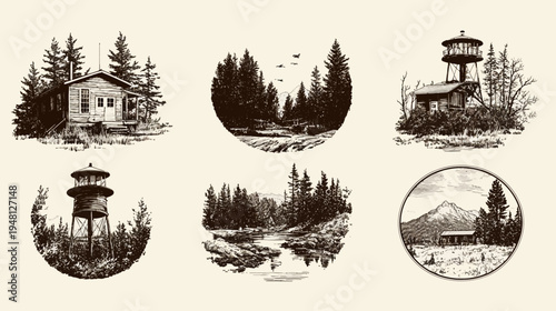 Six rustic monochrome illustrations depicting cabins, forests, rivers, and watchtowers within circular frames