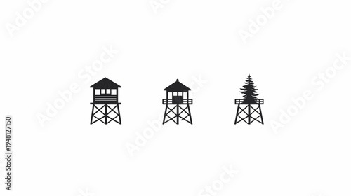 A minimalist illustration of three silhouettes two watchtowers and a fir tree on a base