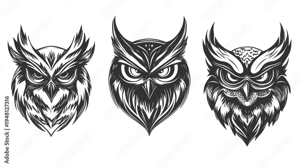 Fototapeta premium Three stylized, monochromatic owl head illustrations, featuring textured details, set against a white backdrop