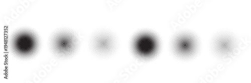 PrintHalftone gradient circles collection. Dots textured round patterns. Cartoon comic radial faded background set. Abstract pixelated elements for frame, poster, collage, banner, flyer. Vector bundle