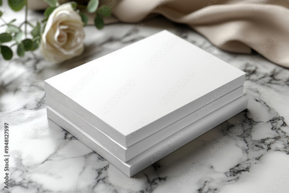 Fototapeta premium Stack of blank business cards on marble surface with soft rose, elegant and romantic setting for feminine branding